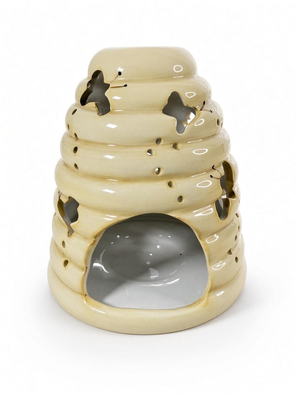Vintage Mustard Glaze Ceramic Beehive Candle Holder, Bee Cutout Tea Warmer